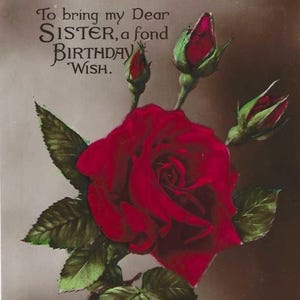 Carte postale d'anniversaire antique Joyeux anniversaire à ma chère soeur Vraie photo de rose rouge et couplet attentionné - Photo rotative des années 1910