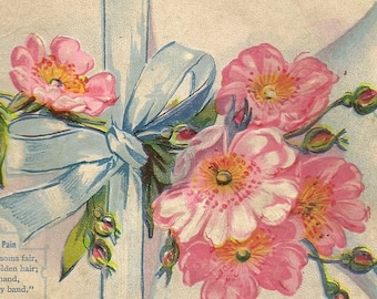 Wild Roses Tied up in Ribbon Bow Faux Envelope on Embossed Antique Postcard 1912 – Pleasure after Pain Verse - Language of Flowers