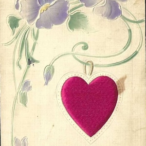 Pensées pourpres et coeur rouge en soie gonflée carte postale antique Saint-Valentin 1908