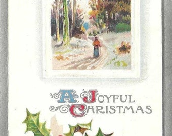 Woman on Snow-Covered Path Through the Woods Antique Christmas Postcard 1910