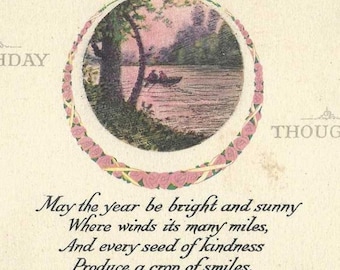 Unused Antique Birthday Postcard – Serene Scene Couple in Rowboat on Calm Waters – Charming Verse