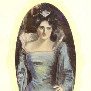 Christy Girl Dark-Haired Beauty in Blue Gown Original Color Bookplate from 1906 Christy Girl Book Howard Chandler Christy
