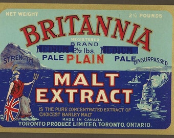 Vintage peut étiquette BRITANNIA Uni Malt extrait de Toronto produire Limited 2 et demi livre peut ~ grand encadrement Art Bar de cuisine