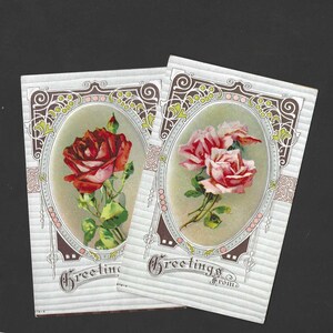 Paire de cartes postales anciennes inutilisées Fleurs de roses rouges et roses - Cartes postales de l'amitié - Éditeur anglo-américain des années 1910