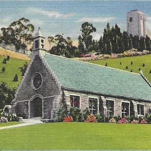 Carte postale en lin vintage Wee Kirk of the Heather 1946 - Forest Lawn Memorial Park GLENDALE Californie - Vue sur la Tour des Légendes