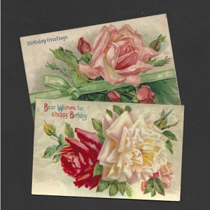 Paire de cartes postales d'anniversaire anciennes fleurs de rose - finition gélatine 1907 - anniversaire de juin