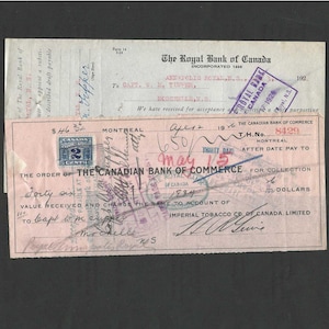 May include: A vintage document set featuring a white Royal Bank of Canada form and a pink Canadian Bank of Commerce draft. The pink draft includes a two-cent stamp, handwritten details, the text Imperial Tobacco Co. of Canada, Limited, and dates.