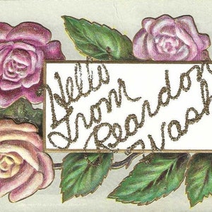 Bonjour de REARDON Washington Carte postale antique en relief 1911, roses roses et paillettes