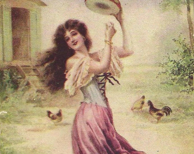 Gypsy Dancer Girl With Tambourine Gypsy Wagon and Chickens Etsy