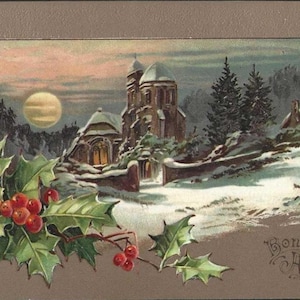 Pleine lune d'hiver sur une demeure seigneuriale, carte postale française ancienne du Nouvel An - EAS E A Schwerdtfeger - Bonne Annee