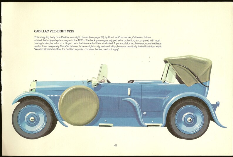 Puede incluir: Ilustraci&oacute;n de un Cadillac Vee-Eight de 1925 en azul claro. El coche tiene una rueda de repuesto en el lateral, una capota verde y neum&aacute;ticos negros. El texto "CADILLAC VEE-EIGHT 1925" est&aacute; en la parte superior.