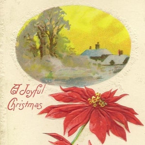 Lever/coucher de soleil sur la maison de campagne enneigée, accents de poinsettia, carte postale de Noël antique en relief 1915