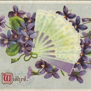 Éventail blanc, couleur violette, carte postale 1912 Meilleurs voeux antique, légèrement plissée jusqu'à la finition gélatine