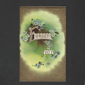 Carte postale ancienne amitié 1911 Fleurs de myosotis sur fond vert et or