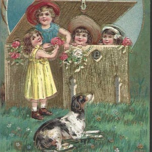 Les filles dans un coffret fantaisie avec le chien Carte postale ancienne inutilisée Romantic With My Love Greeting