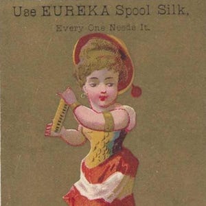 Carte de commerce en soie de l'époque victorienne antique Pretty Dancer, EUREKA, fin des années 1800