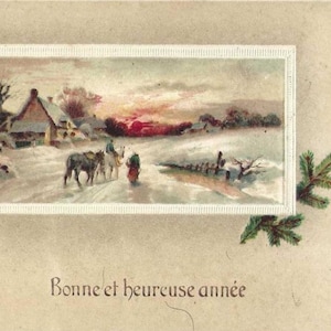 Carte postale ancienne française du Nouvel An - Bonne et Heureuse Annee - 1924 Couple et chevaux rentrant chez eux au coucher du soleil d'hiver