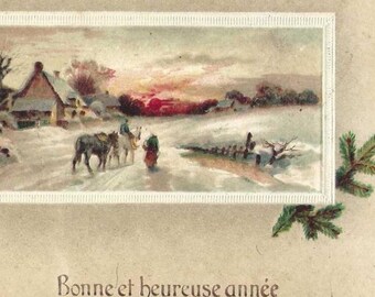 French Antique New Year's Postcard - Bonne et Heureuse Annee - 1924 Couple and Horses Returning Home Under Winter Sunset