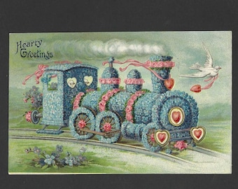 Train Fashioned From Forget-me-Nots and Pink Roses Unused Embossed Antique Fantasy Postcard White Dove Engineers 1910s