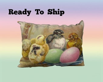 Easter Chicks and Colored Eggs on 20x14 Lumbar Pillow Cover Home Décor Loving Easter Greetings READY TO SHIP