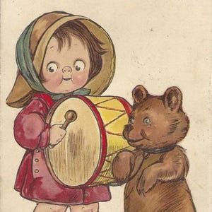 Fille avec un tambour et un ours dansant Tuck and Sons Carte postale ancienne Série enfants et animaux de compagnie des années 1910 Non signée Grace Drayton / Grace Wierderseim