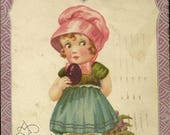 Girl with Colored Easter Eggs and Little Chick Vintage Easter Postcard 1929