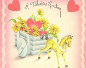 1944 Vintage Valentine’s Day Card Wagonload of Flowers With Heart and Toy Horse