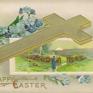 Carte postale de Pâques antique en relief avec croix en or et scène champêtre 1910