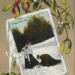 Carte postale de Noël ancienne de 1912 pour dames en train de faire des raquettes - Plaisirs d'hiver - accentué de gui