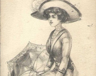 Schlesinger Pretty Lady With Parasol Antique Postcard Detailed Black and White Image 1916 - Lost in Thought