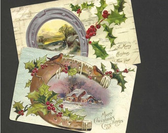 Scenic Lucky Horseshoes With Holly PAIR of Embossed Antique Christmas Postcard 1908