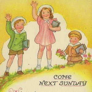 Carte postale inutilisée Enfants agitant bonjour école du dimanche absente Vous nous manquez - Citation d'un passage biblique - Timbre américain d'un cent prétimbré