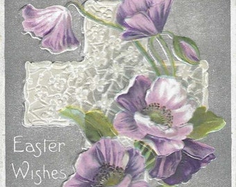 White Cross With Purple Flowers on Silver Background Unused Embossed Antique Easter Postcard 1910s