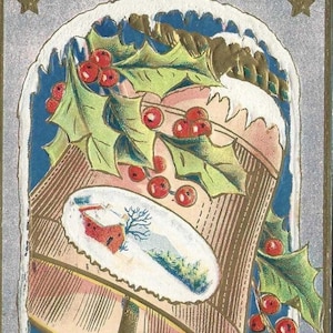 Carte postale de Noël antique en relief avec clochette et houx - 25 décembre 1909 Annuler