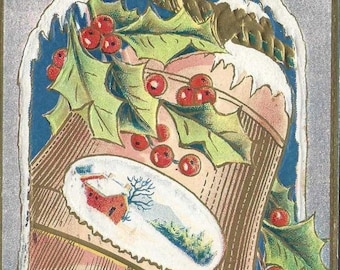 Scenic Bell Holly Accent Embossed Antique Christmas Postcard - Dec 25th 1909 Cancel