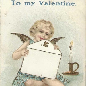 Cupidon lèche lettre d'amour fermée ancienne carte postale Saint-Valentin 1915 Otto Schloss Publisher - Beaux accents d'or
