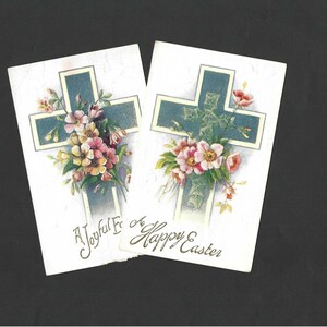 Paire de cartes postales de Pâques anciennes inutilisées Croix bleue avec fleurs de Pâques roses, années 1910