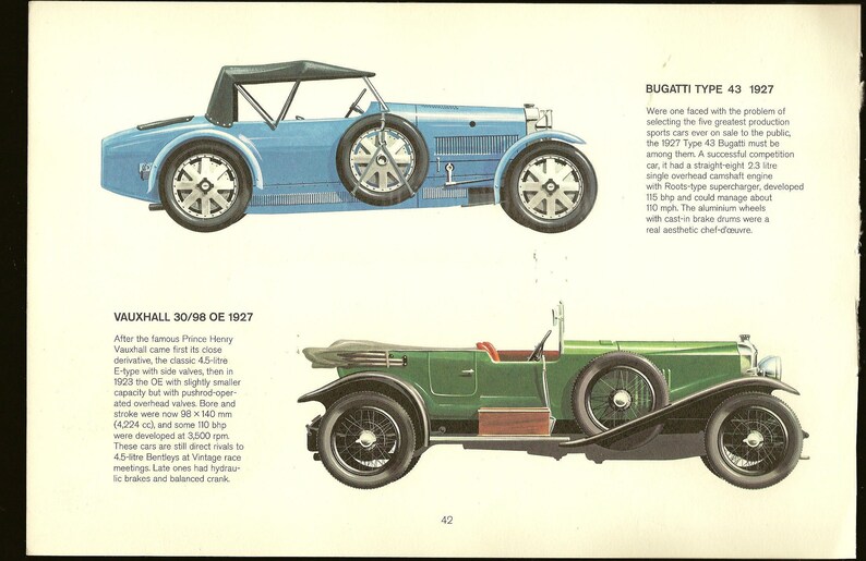 Puede incluir: Ilustraci&oacute;n de dos coches antiguos: un Bugatti Type 43 azul claro y un Vauxhall 30/98 OE verde. El Bugatti tiene una capota negra y una rueda de repuesto. El Vauxhall tiene una rueda de repuesto y texto.