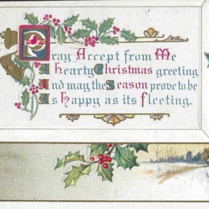 Carte postale de Noël antique, campagne hivernale, accent houx - versets des fêtes réfléchis 1911 - J Herman