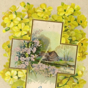 Carte postale ancienne de Pâques 1918 avec fleurs de primevère jaune pittoresque avec drapeau Annuler