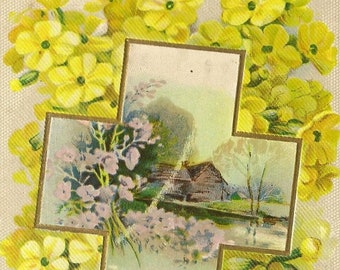 Scenic Cross with Yellow Primrose Flowers Antique Easter Postcard 1918 With Flag Cancel