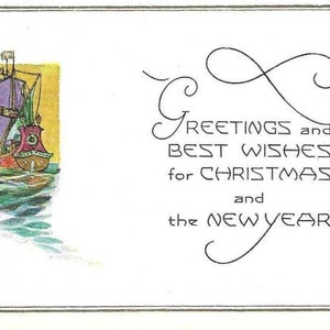 Voilier coloré en haute mer, carte postale de Noël ancienne inutilisée joyeuse et lumineuse avec des voeux de Noël et du nouvel an
