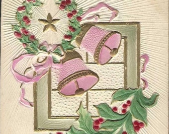 Carte postale de Noël ancienne couronne de houx rose (années 1910) – Carte pour les fêtes de fin d'année
