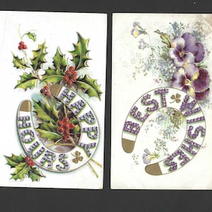 PAIRE de fers à cheval floraux avec voeux - Carte postale ancienne en relief - 1908 - Happy Hours avec Holly Meilleurs voeux avec pensées