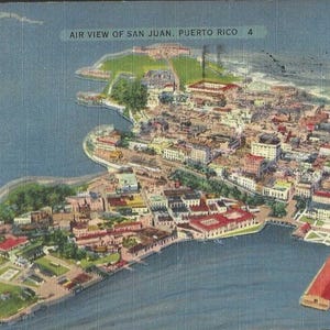 SAN JUAN Porto Rico vue aérienne carte postale en lin vintage 1947 avec timbre poste aérienne C33