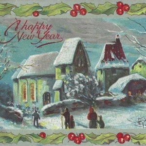 Village couvert de neige la nuit Carte postale ancienne du Nouvel An 1909 Holly Border