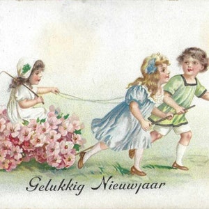 Enfants avec chariot de fleurs roses Carte postale hollandaise antique du Nouvel An Gelukkig Nieuwjaar Années 1910