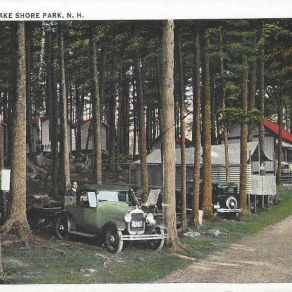 Cabins in the Pines at Lake Shore Park New Hampshire Unused Vintage Postcard 1930s - Vintage Cars