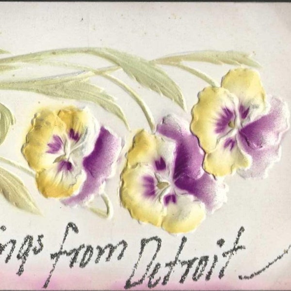 Greetings from DETROIT Antique Glitter Postcard Unused Bas Relief Color Wash Purple and Yellow Pansies - Tinsel Postcard