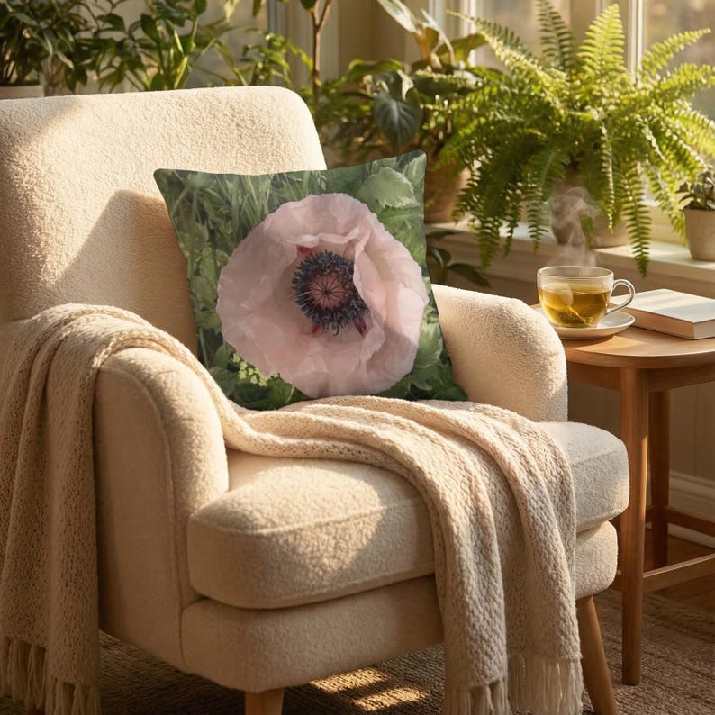 May include: A decorative pillow featuring a close-up of a light pink poppy flower with a dark center, set against a backdrop of green foliage. The pillow is placed on a cream-colored armchair with a beige throw blanket. A cup of tea sits on a small wooden table.